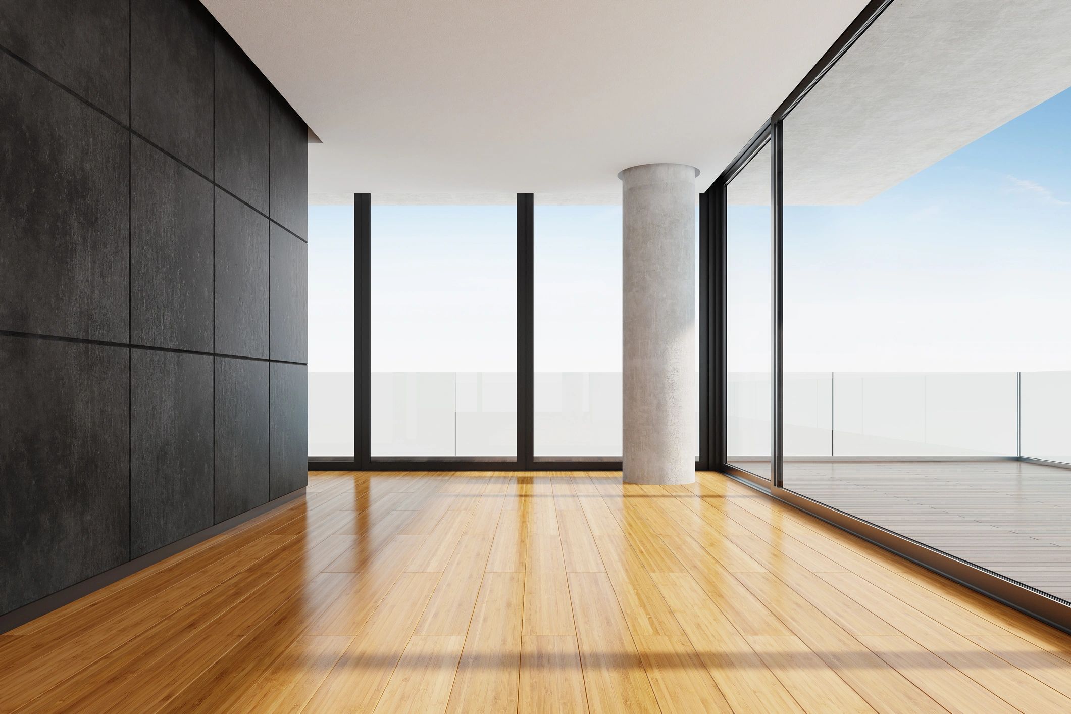 Modern interior space with large glass features